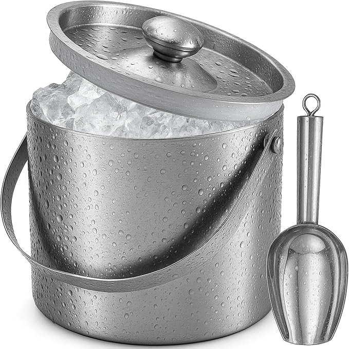 Ice Bucket (3 Liter) Stainless Steel Double Wall Insulated Ice Bucket with Lid & Scoop, Ice Buckets for Parties, Handle, K...