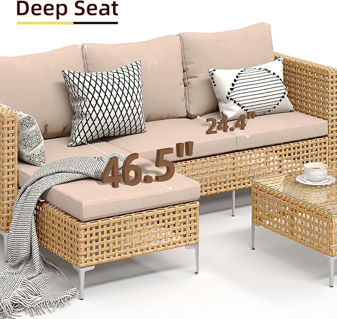 Ophelian 3 Piece Outdoor Furniture Set, Apartment Patio Sectional Furniture, Patio Chaise Sofa Sets with All Weather Manual Rattan, Perfect for Balcony, Porch, Lawn, Backyard (Yellow/Beige)