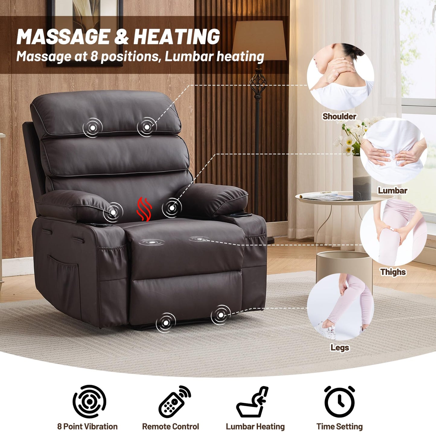 PU Leather Extra Wide Manual Recliner for Adults with Massage and Heat, Large Lazy Chair with 1.5X Sponge Comfort Arm and Back for Living Room, Bedroom