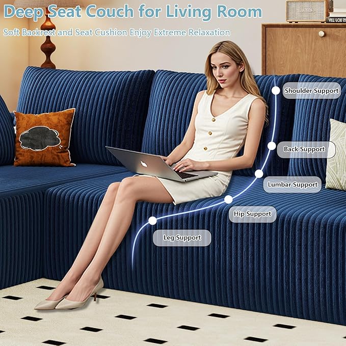 96" Cloud Sectional Couch with L-Shape Chaise, Modern Corduroy Boneless Couch for Living Room,Memory Foam Sofa with Deep Seat,No Assembly Required (Blue,Left-Facing Chaise)