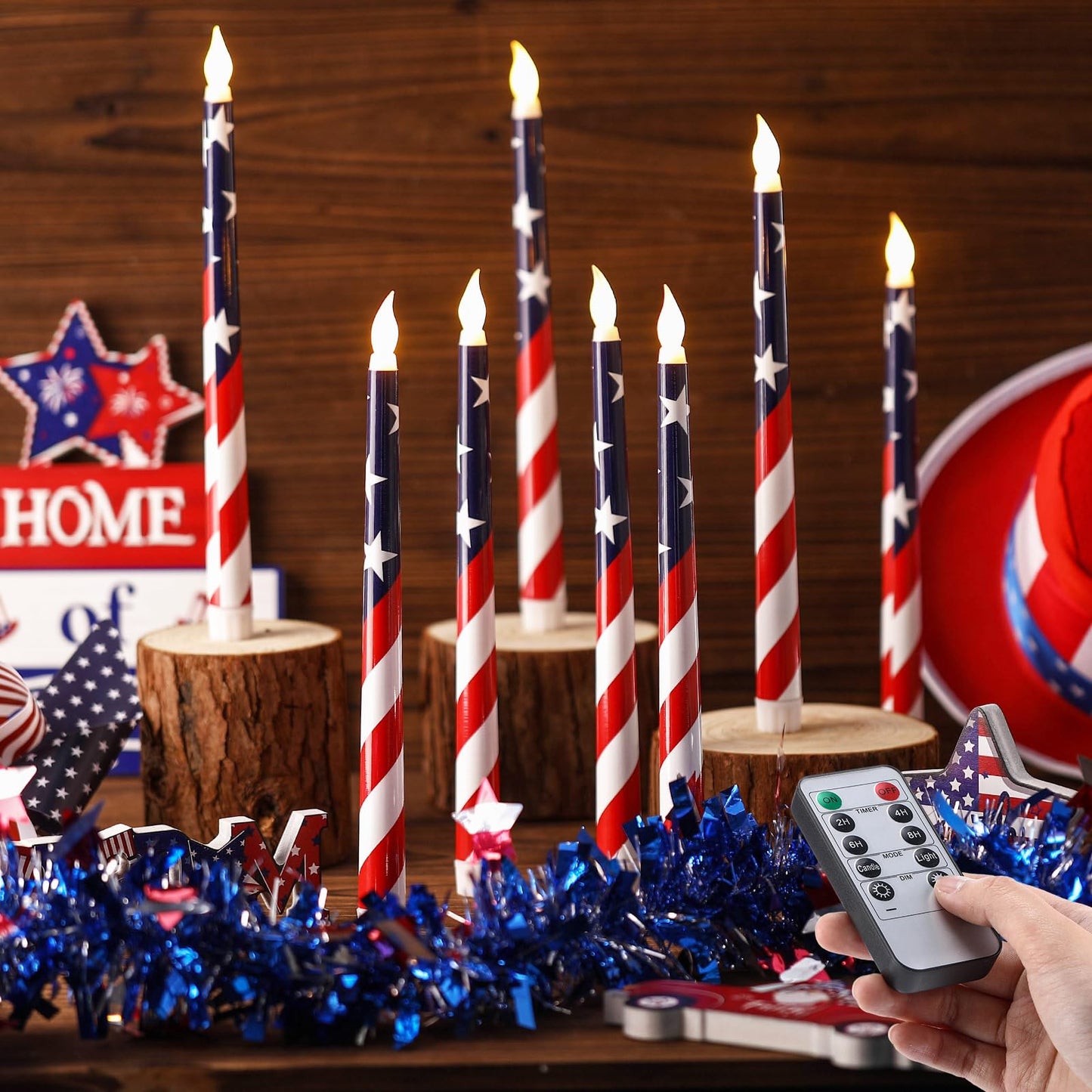 Aurelema 8 Pcs Patriotic Candles Flameless Taper Candles With Remote & Timer 4Th Of July American Flag Flameless Candlesticks Fl