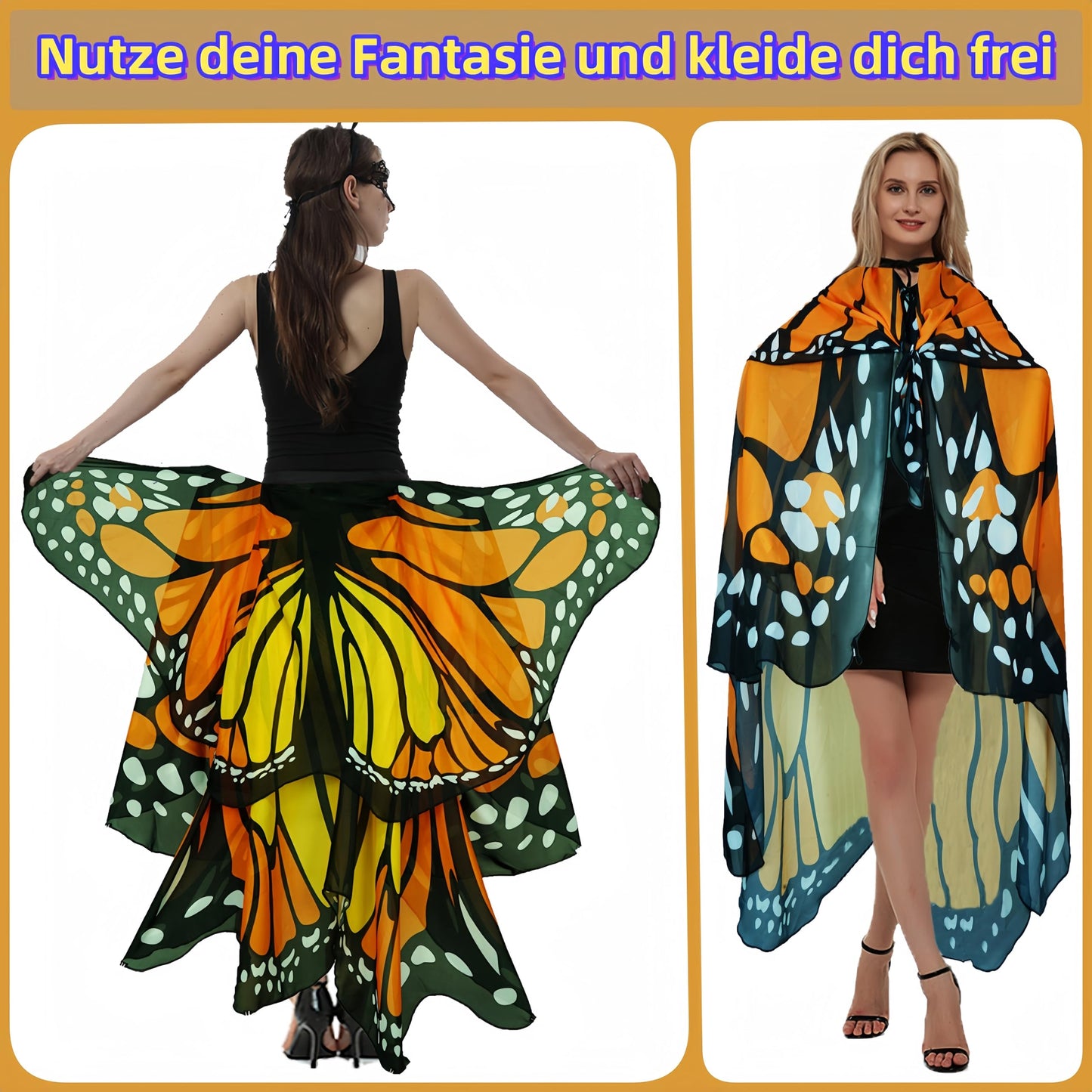 Halloween Costumes for Women Adult Double-Sided Butterfly Costumes Wing Cape Shawl 3Pcs （Orange & Yellow）