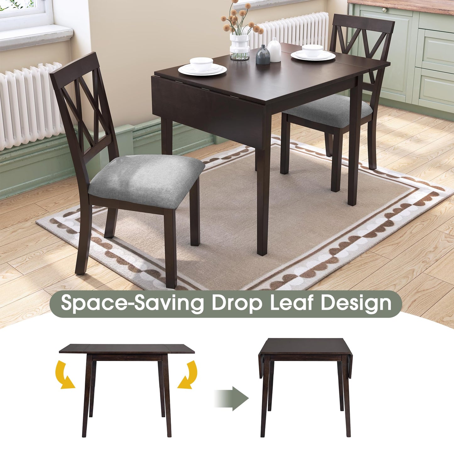Merax 5 Piece Farmhouse Extendable Dining Table Set - Wood Table with Drop Leaf, 4 Upholstered Chairs for Kitchen, Small Places, Easy Assemble Espresso