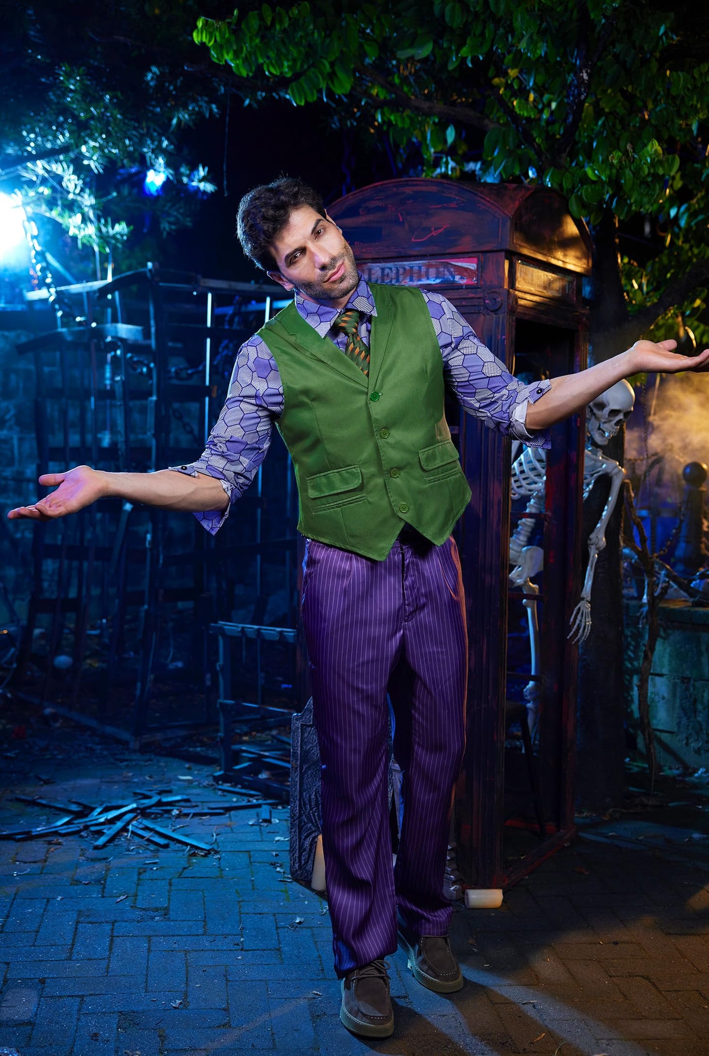 Mainfini Man Joker Costumes Halloween Theme Party Funny Classic Dark Horror Knight Movie Cosplay Regular Fit Novelty Purper Graphic Shirt Green Vest Tie Suit Outfit Adult 3 Piece Set XL