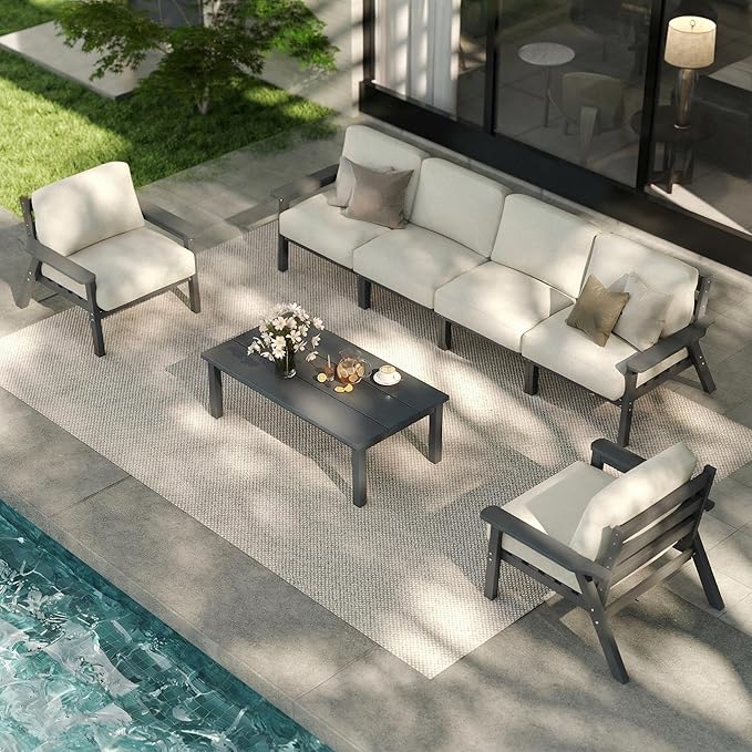 Patio Kingdom Patio Furniture Set 7 Seats, HDPE Outdoor Sectional with Beige Washable Thick Cushions, Coffee Table, Patio Conversation Sets for Lawn, Garden, Porch, Balcony, Deck (Grey Frame)