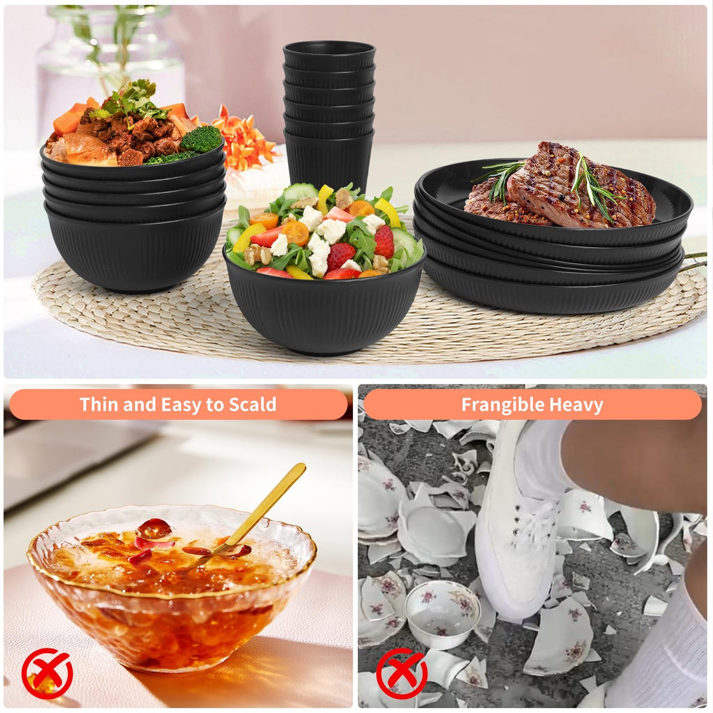 36 pcs Wheat Straw Dinnerware Sets, Unbreakable Reusable Dinnerware Set Kitchen Cups Plates and Bowls Sets, Dishwasher Microwave Safe Plates,Outdoor Camping Dishes (Black)