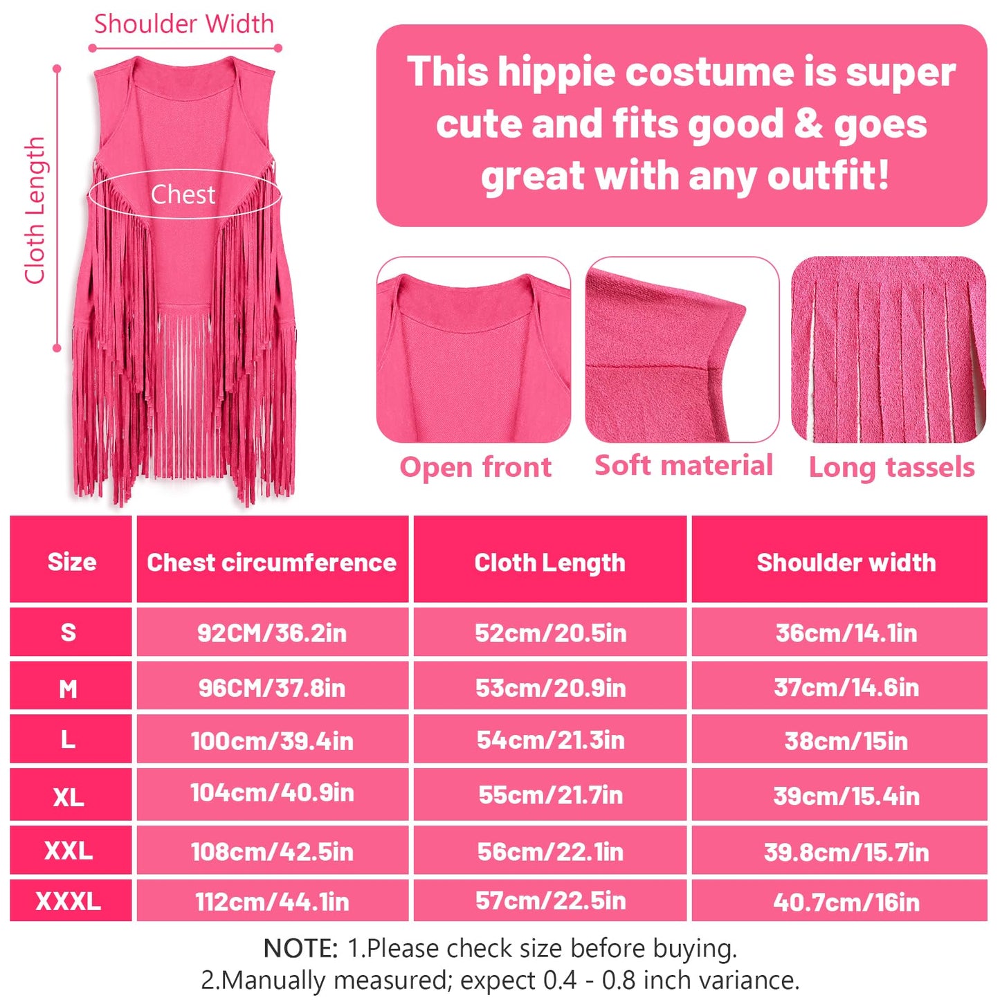 FunMular 60s 70s Outfits for Women Hippie Costume Set Peace Sign Earring Headband Fringe Vest Tassel Cardigan (Pink, M)