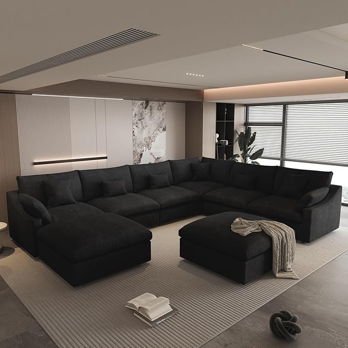 Modular Sectional Sofa Couch With Ottoman,156inch U Shaped Down Filled Cloud Couch,Convertible Sofa Bed Living Room Set,8 Seat Sleeper Bed, Cover Washable and Replaceable Couches for Living Room,Black