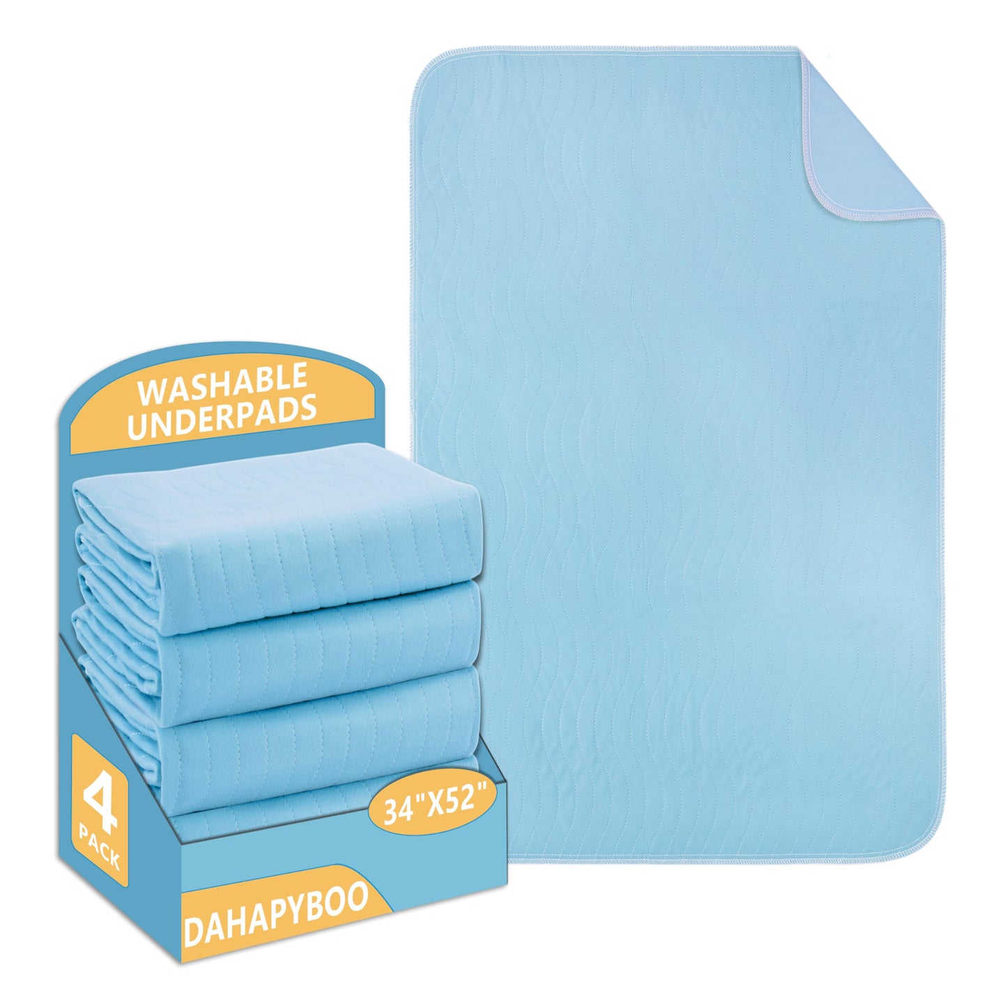 DAHAPYBOO Washable Underpads, 34"x52" 4 Pack Incontinence Bed Pads, Heavy Absorbency Reusable for Elderly, Kids, Adults and Pets, Waterproof Quick Drying for Bed, Sofa, Floor