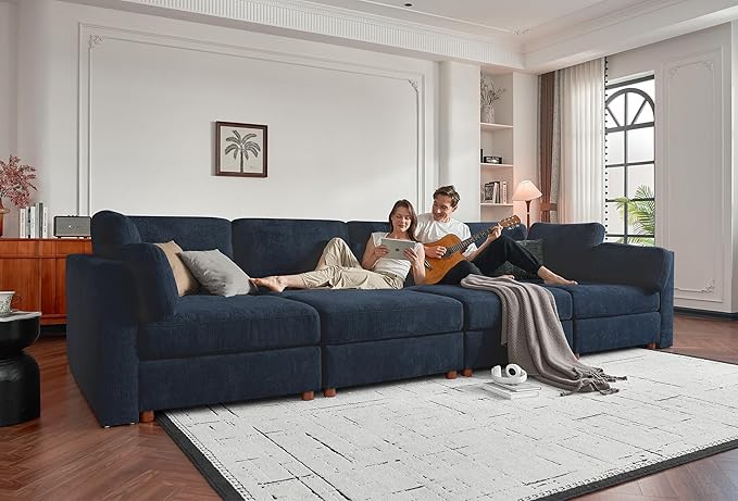 CUGOAO 153.4'' Modular Sectional Sofa, Oversized, Sectional Couch, Deep Seat Chenille Cloud Couch Sofa, Removable Cover, Mordern Upholstered Couches for Living Room, Apartment, Office, Blue