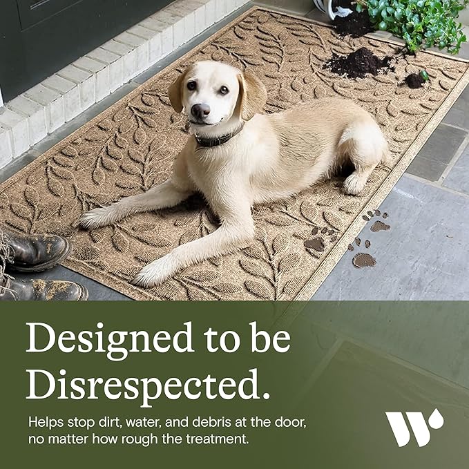 WaterHog Welcome Mat for Indoor/Outdoor, 3’ x 5’, Made in USA, Durable & Water-Resistant, Dirt Trapping Mat, Decorative Front Door and Entryway Rug, Brittney Leaf Design, Camel