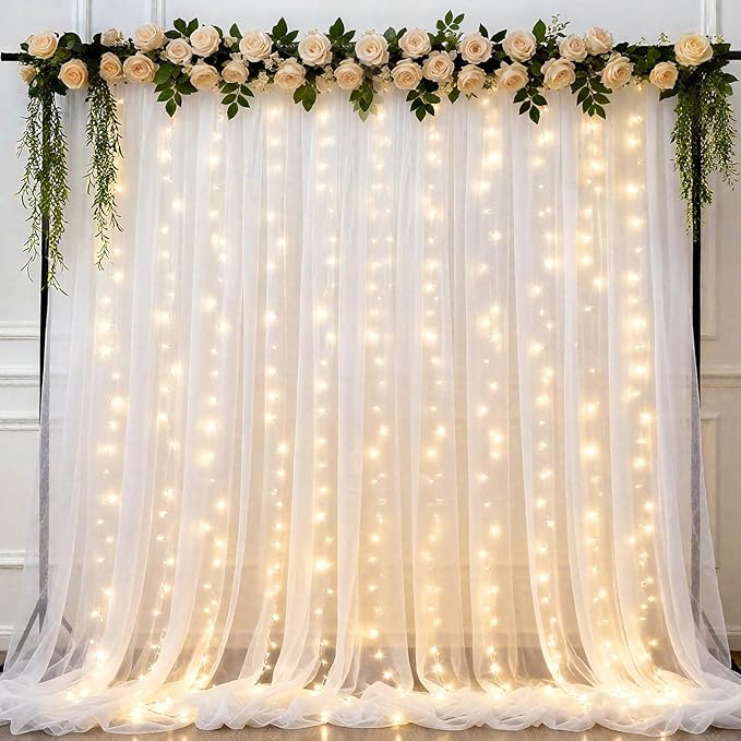 Ledido 2 Pack 10×8ft White Tulle Backdrop Curtains with Lights String - 600LED Fairy Lights Sheer Curtain Backdrop for Wed...
