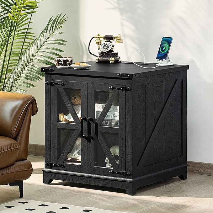 Joaxswe Farmhouse End Table with Charging Station, 24" Large Sofa Side Table with Glass Barn Door,Black Nightstand with Adjustable Storage Shelf,Wood Square Bedside Table for Living Room,Bedroom