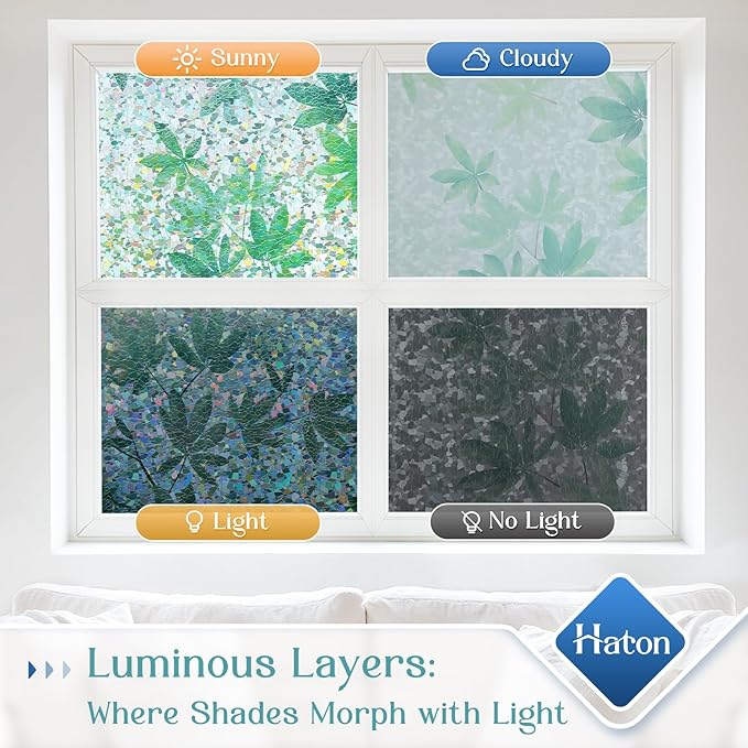 Haton Window Privacy Film, Rainbow Decorative Film, Stained Glass Window Clings, Static Cling UV Blocking Heat Control Tint Sticker for Home Door, Leaf Rainbow, 17.5" x 78.7" Non-Adhesive