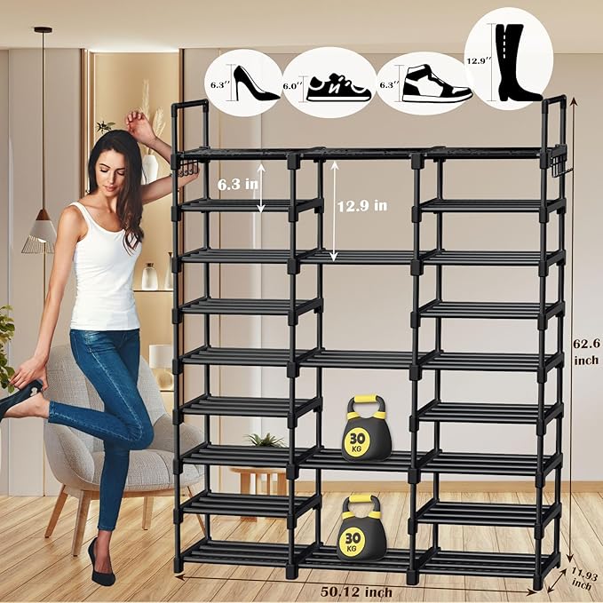 KKU Shoe Rack Organizer, Shoe Organizer Storage Cabinet with 2 Multi-Purpose Hooks Hang up Cloth & Umbrella 9-Tier Portable Closet for Front Door Entrance (Capacity 50-55 Pairs)