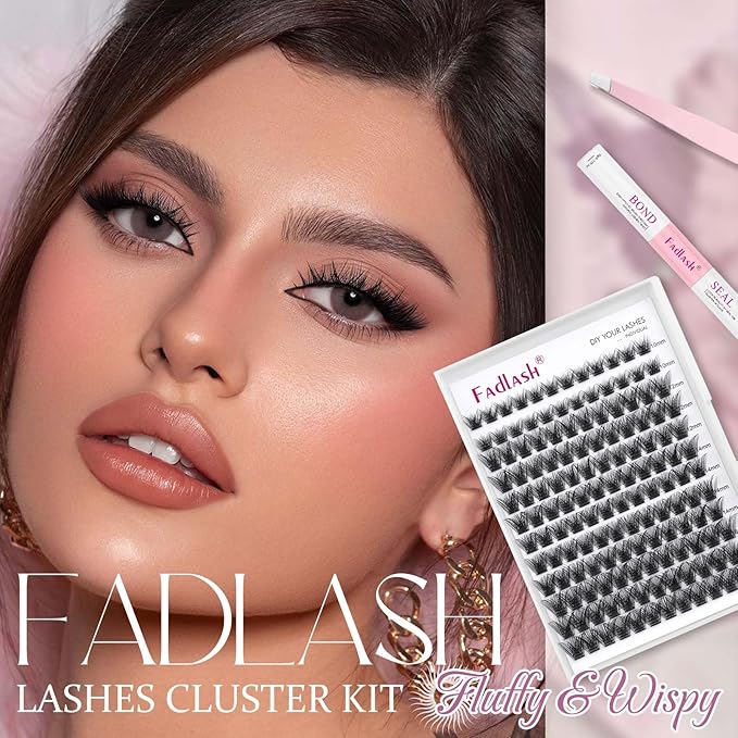 FADLASH Lash Clusters Kit 10-16mm Eyelash Cluster Lashes with Lash Bond and Seal Lash Tweezers DIY Lash Extension Kit (JN1-07D-10-16 Kit)
