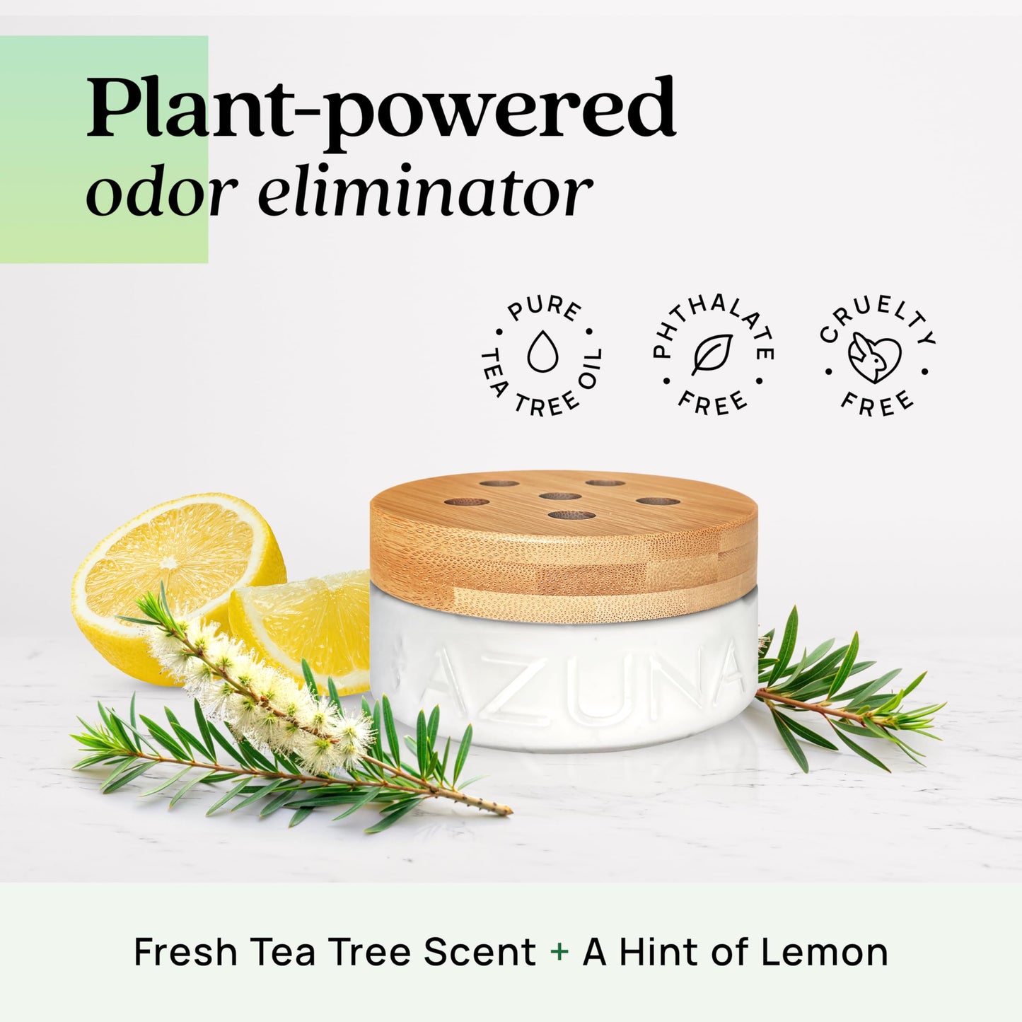 Azuna Air Freshener & Odor Eliminator for Strong Odor | 2 Room Kit Includes (2) 8 oz. Empty Luxe Glass Jars & 12 oz | Refill with Tea Tree Essential Oil Gel | Natural Scent | Last 60-90 Days
