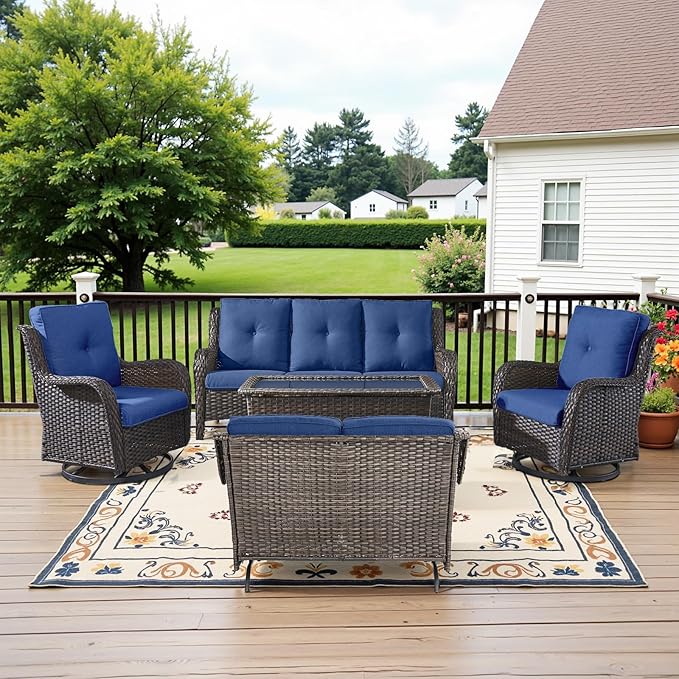 Belord 5 Piece Outdoor Patio Furniture Set - Outdoor Conversation Couch and Loveseat Glider Chair Furniture Set with Rattan Coffee Table for Deck Balcony Poolside Brown Wicker/Blue Cushions