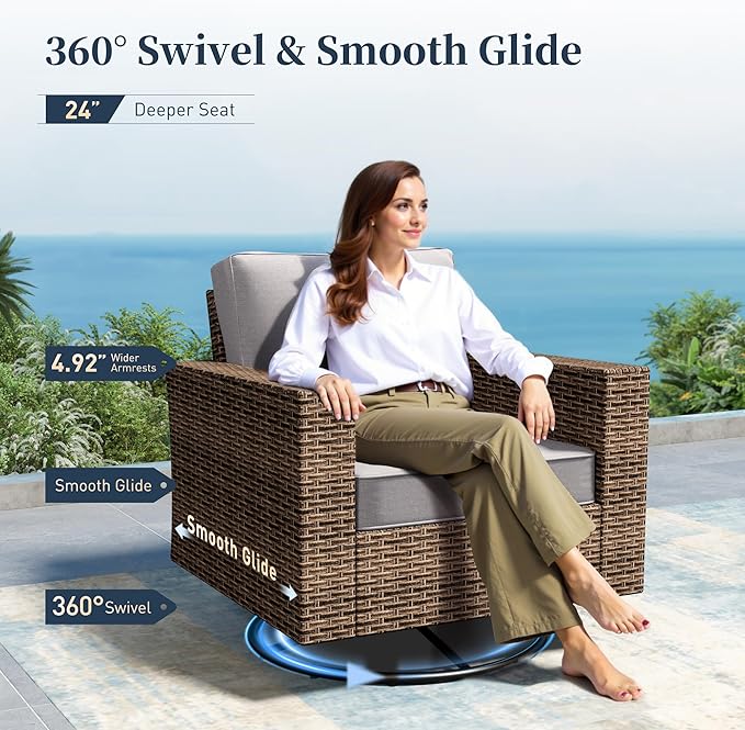 SUNSHINE VALLEY Swivel Glider 5 Piece Outdoor Furniture Set with Swivel Chairs, Wicker Patio Furniture with 4.92" Wide Armrest, 26.3" Deep Seating and 5.5" Thick Cushions, Grey