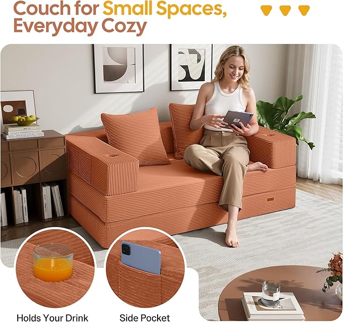 COMAX Futon Sofa Bed, 4‑in‑1 Convertible Sofa Bed, Folding Boneless Couches for Living Room, Fold Out Small Foldable Loveseat Floor Sleeper Comfy Mattress Lounge Space‑Saving, Light Orange