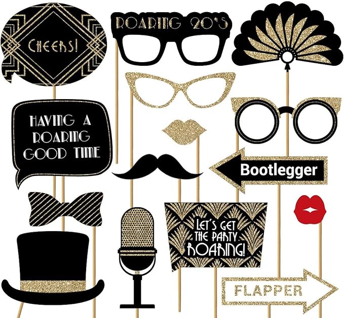Fully Assembled Roaring 20s Photo Booth Props - Set of 30 - Black & Gold Glitter Selfie Signs - Great Gatsby Themed Party ...