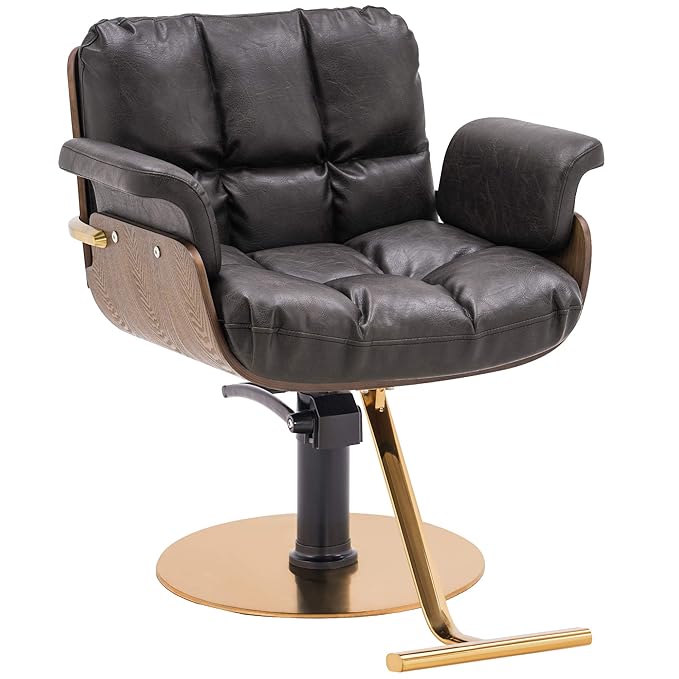 BarberPub Salon Chair Hydraulic Barber Chair Curved Wood Frame Hair Cutting Beauty Spa Salon Styling Equipment 3071 (Brown)