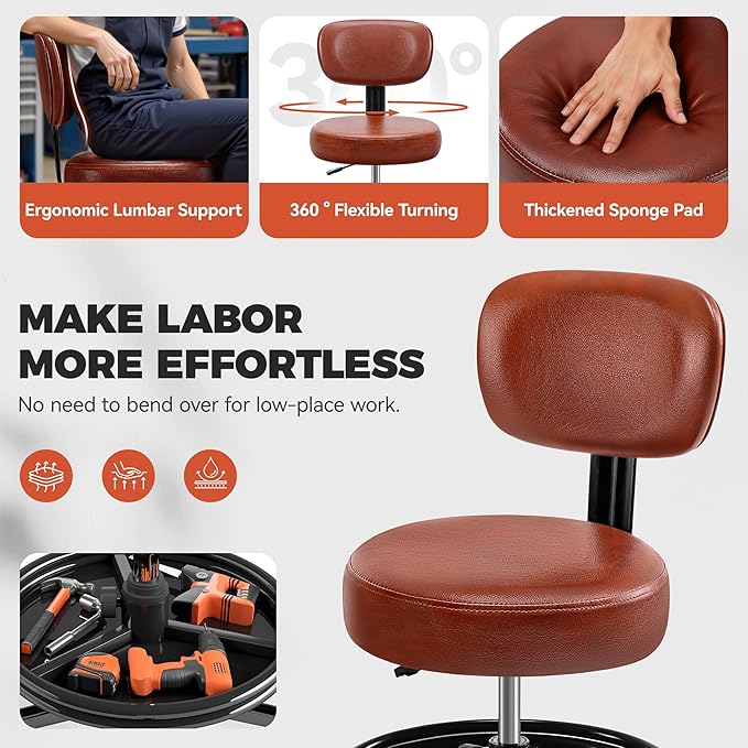 Shop Stool with Wheels for Garage, Mechanics Rolling Chair with Backrest, Adjustable Height Heavy Duty Garage Stool with Footrest and Storage Tray, Swivel Task Chair for Workshop Kitchen Salon