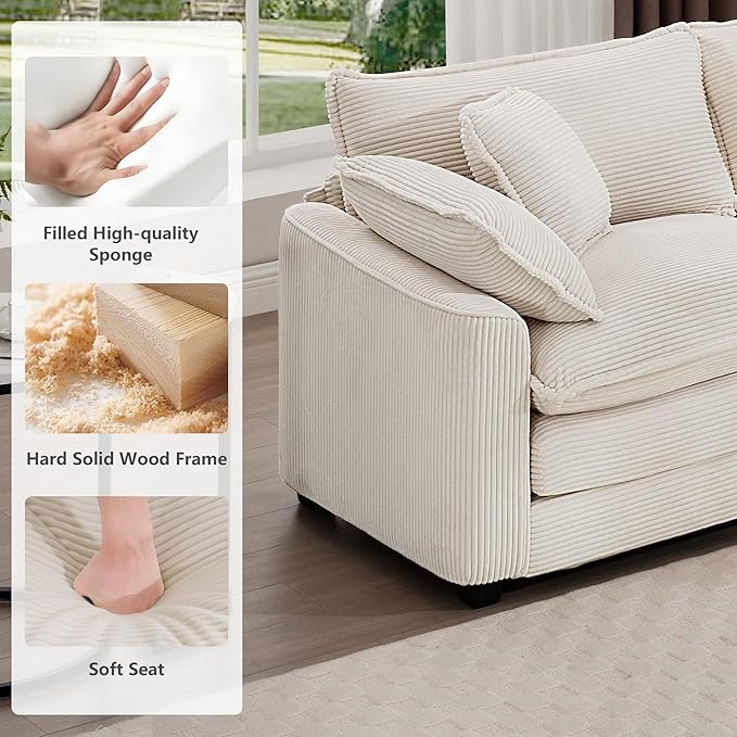 mikibama Luxury 2 Piece Sofa Set, 2 Pieces of Loveseat Couch, Modern Corduroy Comfy Cloud Couches Set for Living Room Office with 4 Armrest Pillows and 4 Toss Pillows, Beige