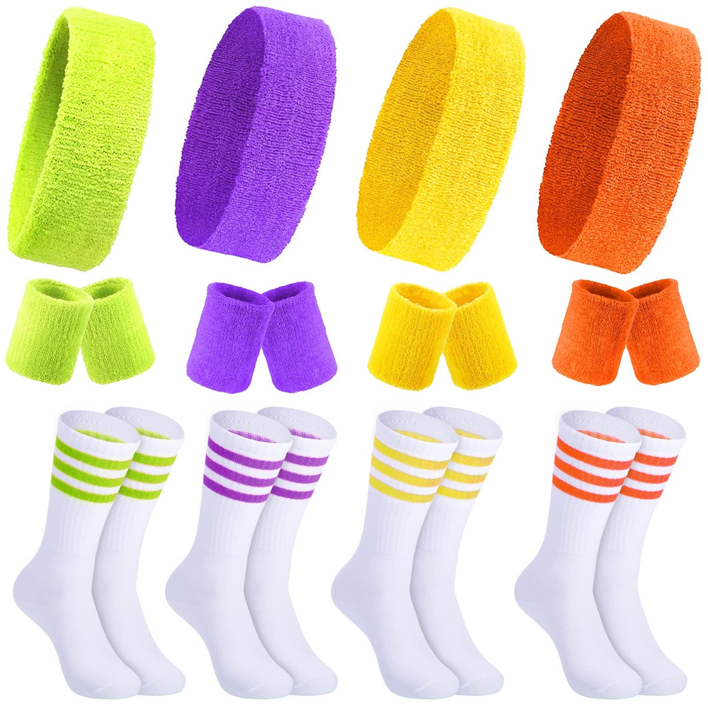 Hillban 80s Neon Sweatbands Wristband and Socks 80s Accessories for Women Men Neon Headband Workout Outfit