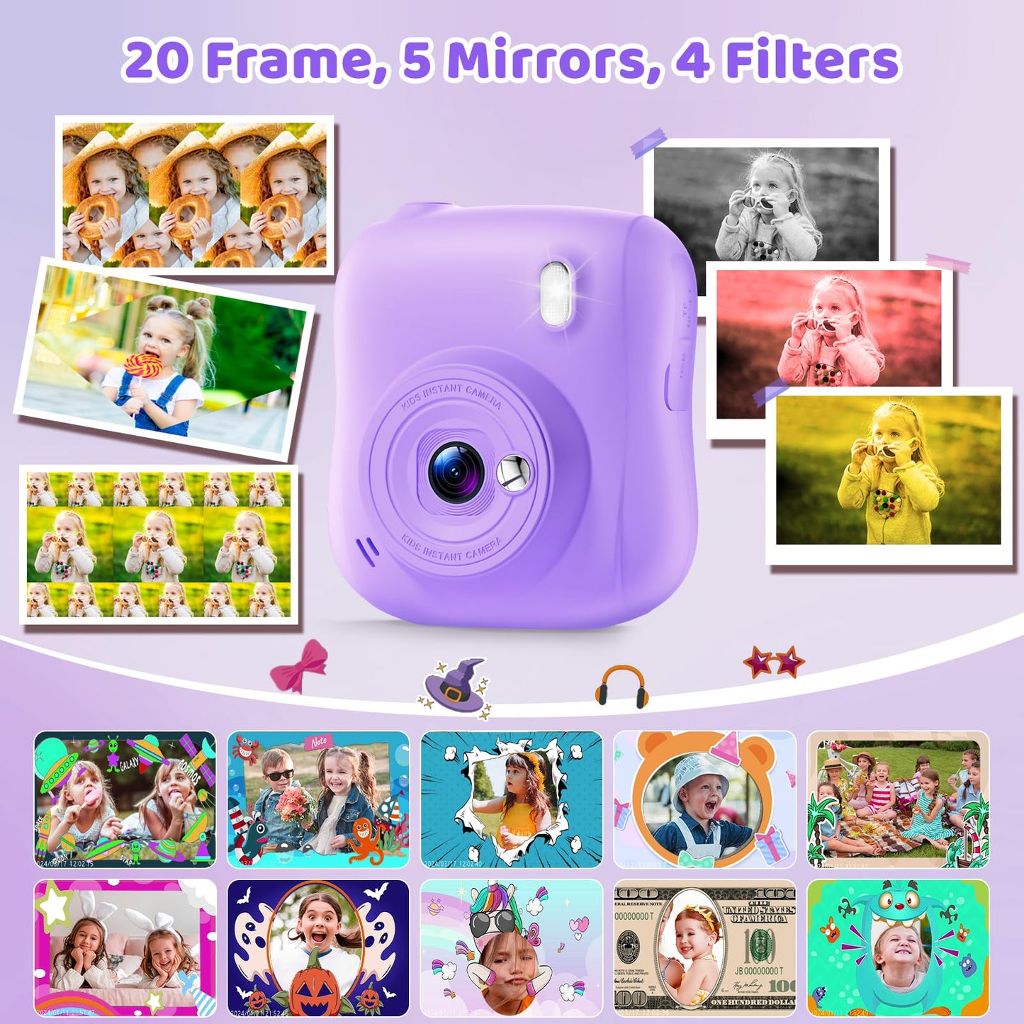 Instant Digital Camera for Kids, Kids Camera Instant Print, 48MP Toddler Digital Camera 1080P HD Video Toys Camera Gift Idea for Girls Boys 3-12(Purple)
