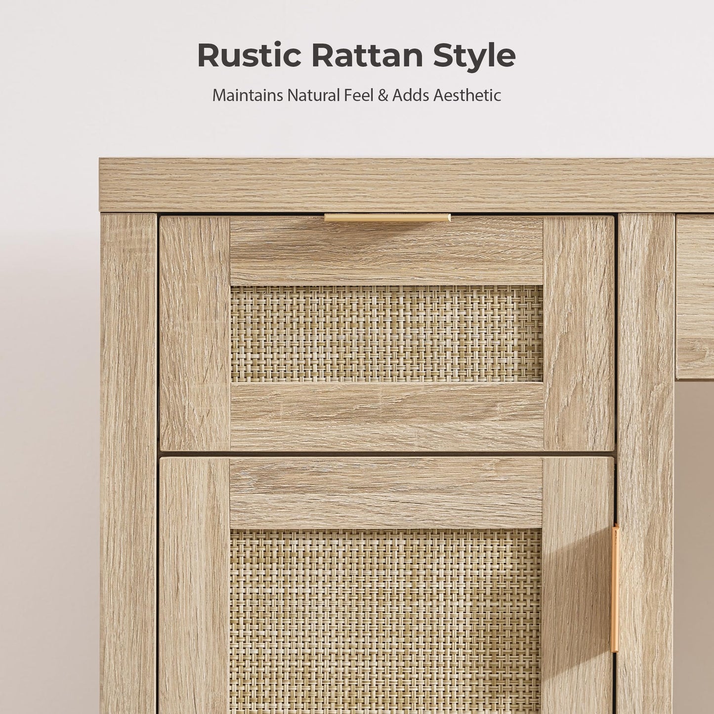 SICOTAS Rattan Vanity Home Office Desk - 52" Large Farmhouse Boho Makeup Vanity Dressing Table with 3 Drawers & 2 Storage Cabinets, Vanities Desk for Makeup Room, Bedroom, Home Office, Light Oak