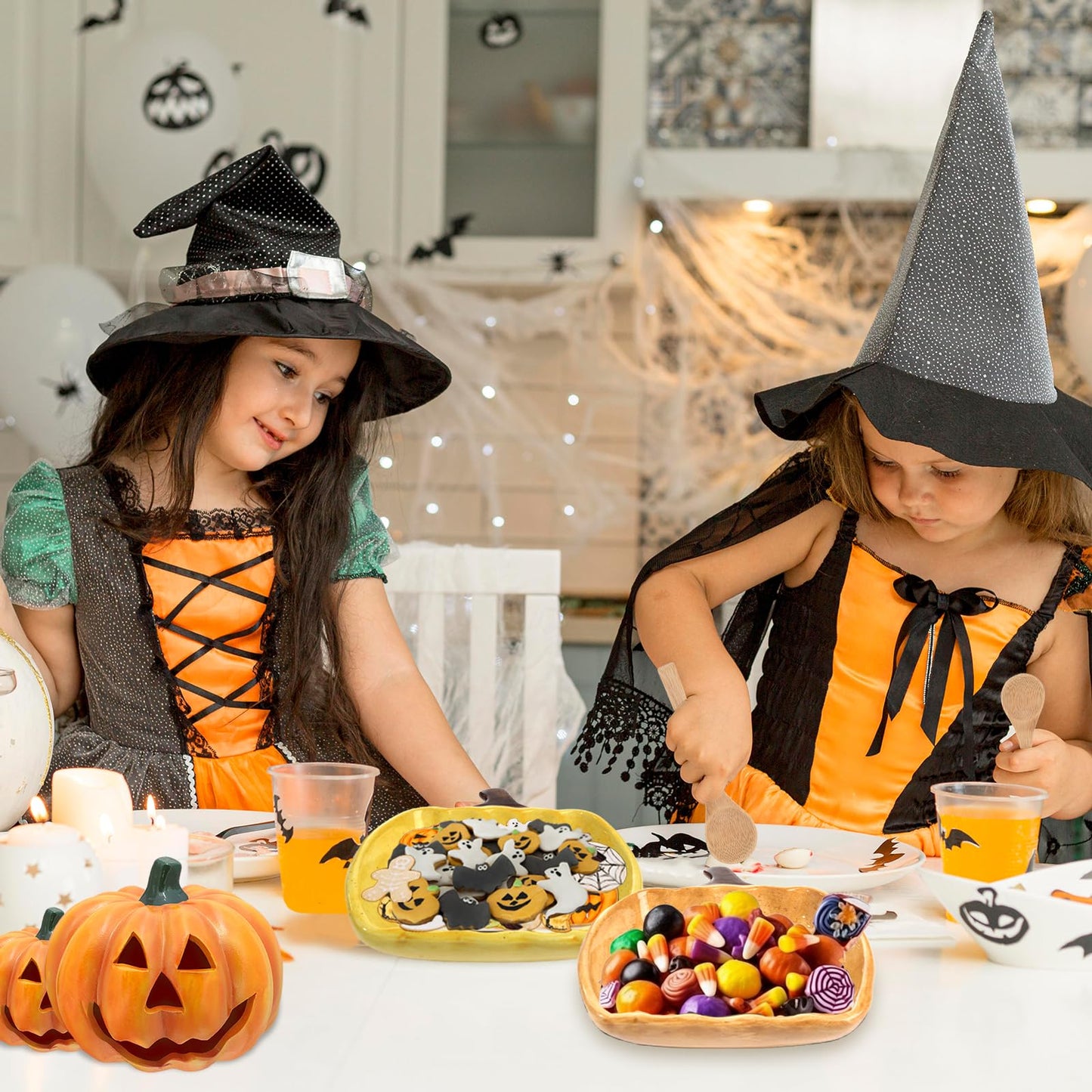 Pumpkin Ceramic Candy Bowl Set with Wood Spoon - Trick or Treat Candy Dish Holders for Halloween Parties