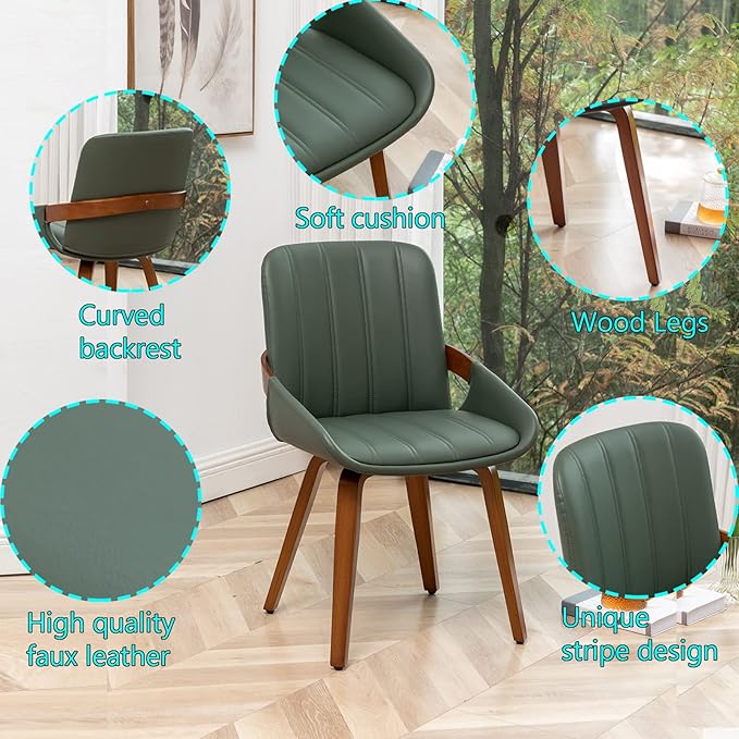 YOUUGIOR Mid Century Modern Faux Leather Upholstered Dining Chairs,Armless Accent Chairs with Sturdy Natural Wood Legs,Bamboo Backrest Support for Kitchen&Dining Room Chairs(Set of 4,Green)