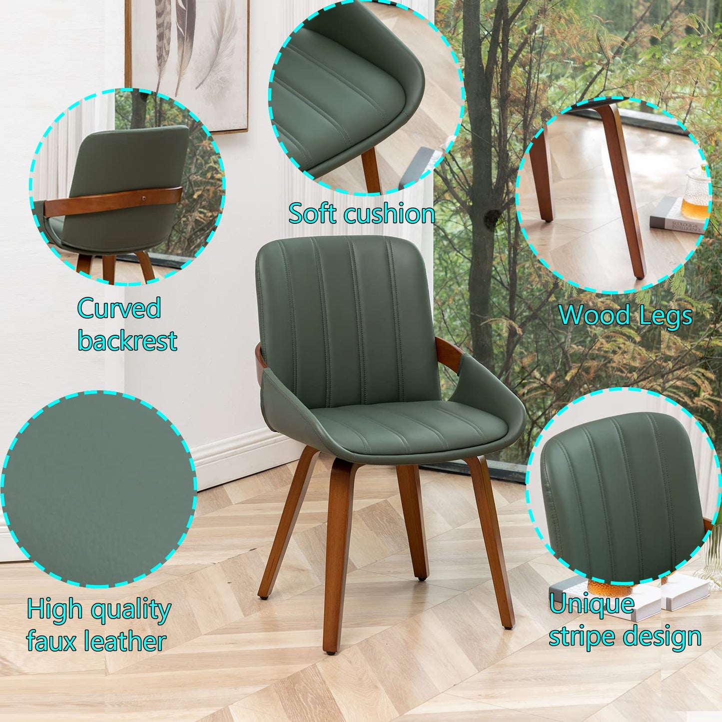 YOUUGIOR Mid Century Modern Faux Leather Upholstered Dining Chairs,Armless Accent Chairs with Sturdy Natural Wood Legs,Bamboo Backrest Support for Kitchen&Dining Room Chairs(Set of 4,Green)