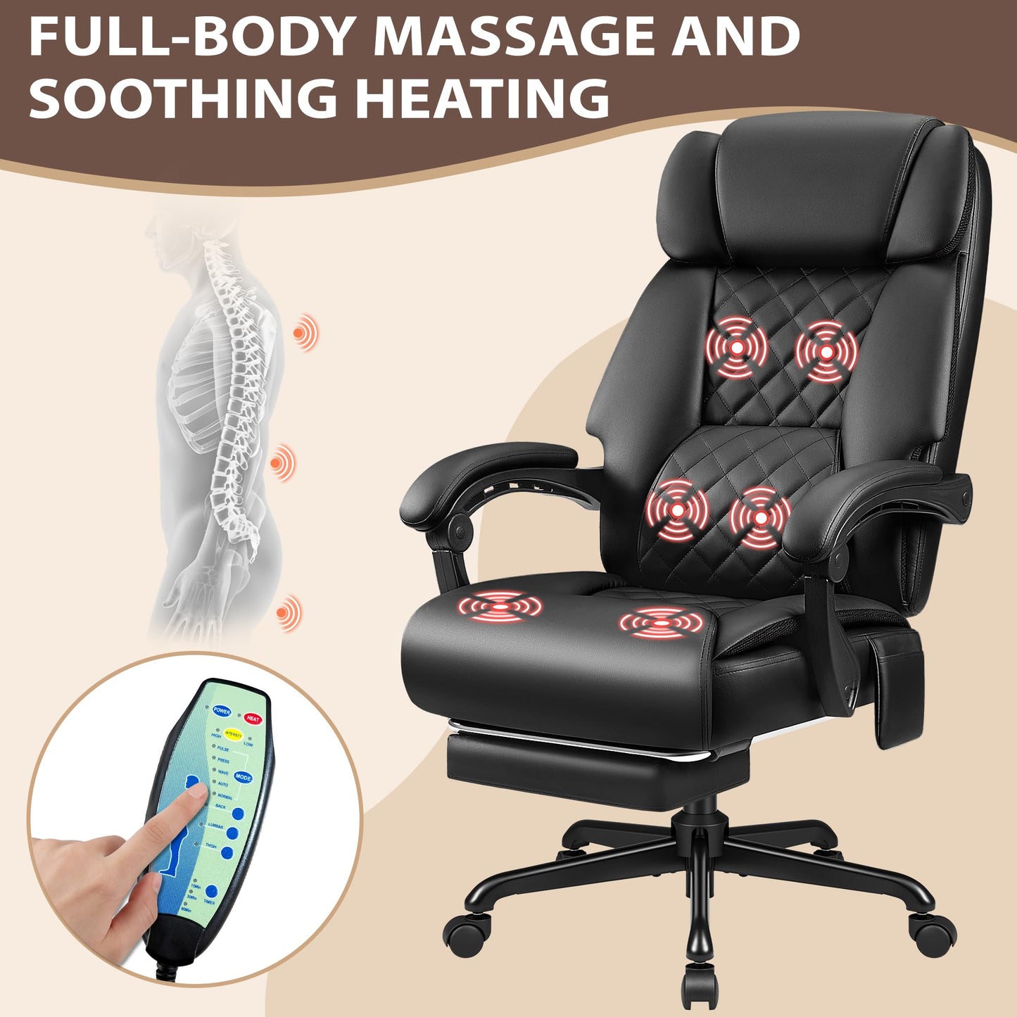 JUMMICO Massage Office Chair with 6 Point Vibration and Heat, Ergonomic Executive Home Office Desk Chair with Foot Rest, High Back 400LBS Leather Computer Chair for Home Office (Black)