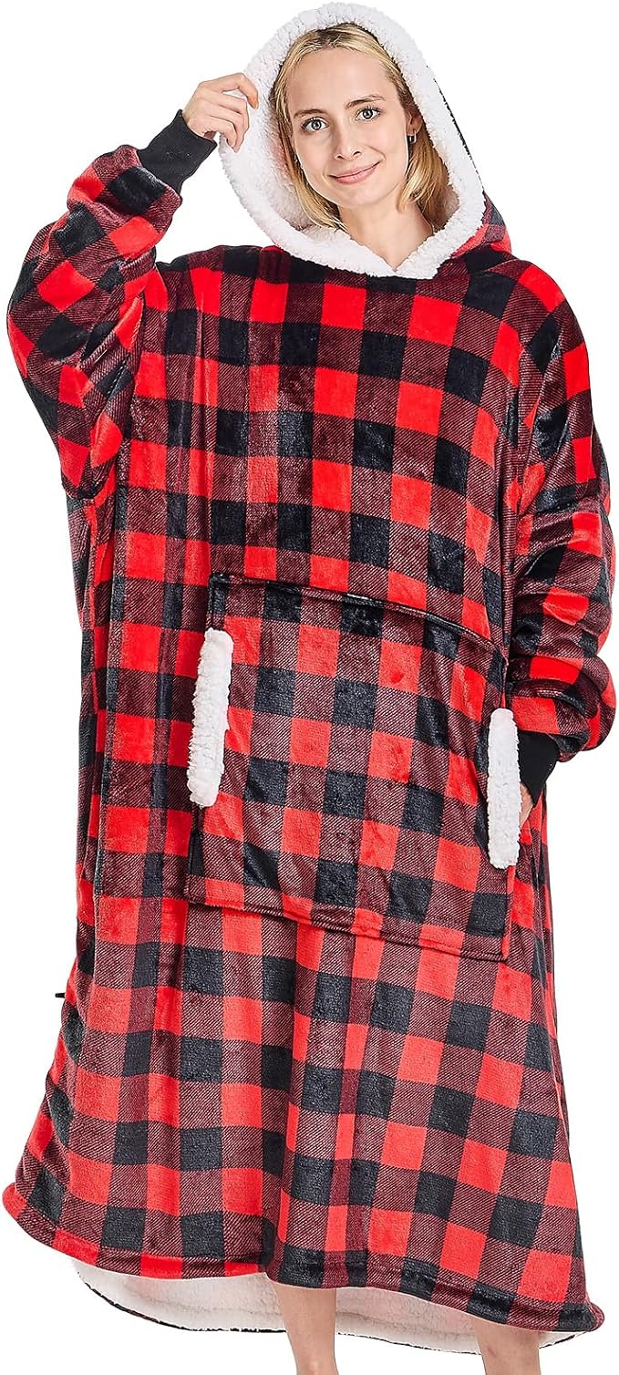 yescool Wearable Blanket Hoodie, Flannel Sherpa Fleece Blanket Sweatshirt for Adults Women Men,One Size Fits All