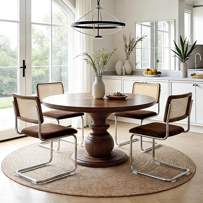 Zesthouse Rattan Dining Chairs Set of 6, Mid Century Modern Dining Room Chairs with Natural Cane Mesh & Chrome Base, Brown Cesca Chair Chenille Fabric, Farmhouse Kitchen Chair with Solid Wood Back