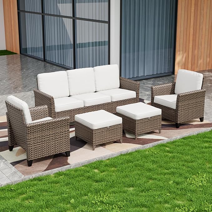 COOS BAY Harbor Retreat 5 Piece Outdoor Furniture Set, Patio Conversation Set with Patio Chairs, 3 Seat Couch and Ottomans, Wicker Furniture, Brown/Beige
