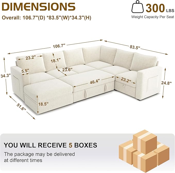 SUAWY 106.7" Sectional Sleeper Sofa with Pull Out Couch, Modern 7 Seat U Shaped Modular Couch, Sectionals Modular Sofa with Storage, Comfy Sectional Couches for Living Room & Apartment, Beige