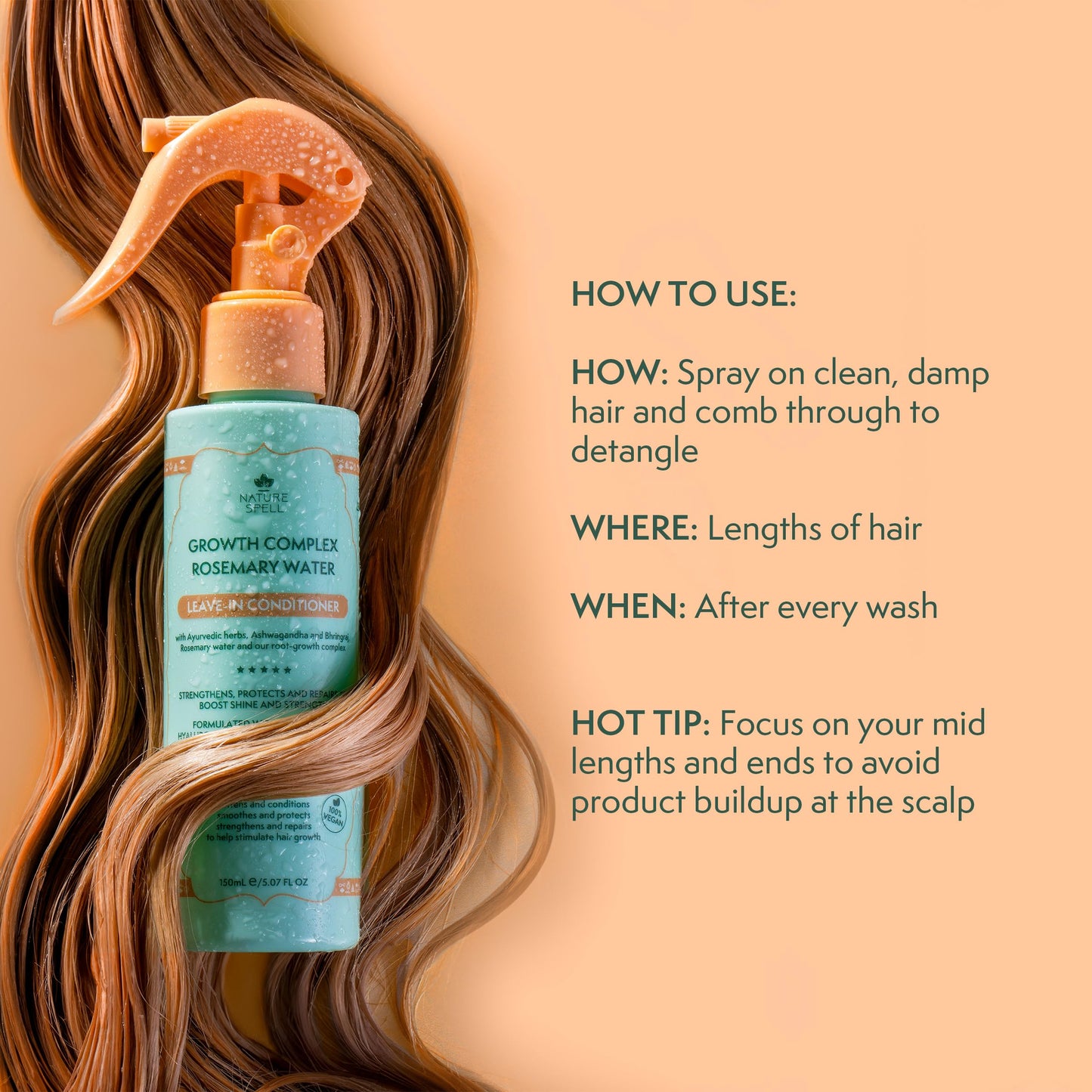 Nature Spell Rosemary Water Leave in Conditioner, Promotes Hair Growth, Heat Protection Spray, Detangling, Smoothes & Adds Shine