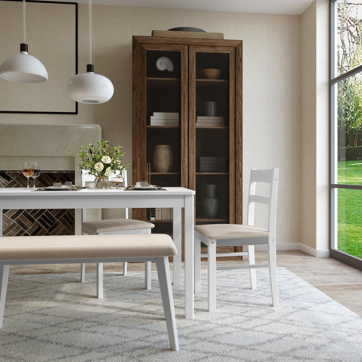 Orweiin 4-Piece Solid Wood Indoor Modern Rectangular Dining Table Set for 4 with Chairs and Bench,Table and Chairs Set with Soft Cushions for Kitchen,Bar,Living Room,Breakfast Nook,White
