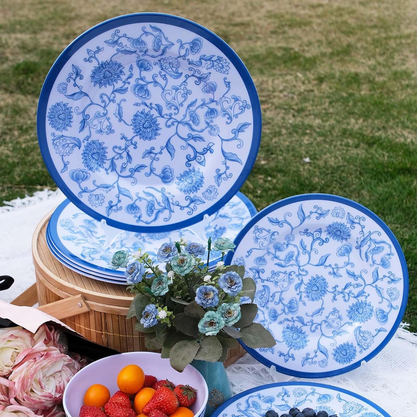Melamine Dinnerware Set 12-Piece for 4 Dish Set Plates Bowls Unbreakable Dishware for Indoor Outdoor Use Lightweight Durable for Camping Picnics Parties Blue