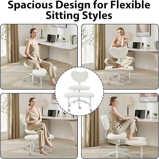 Cross Legged Office Chair with Wheels–360°Swivel Meditation Chair, Adjustable Height Yoga Office Chair for Adults, Ergonomic Kneeling Chair with Back Support for ADHD, Teddy Fabric, Ivory