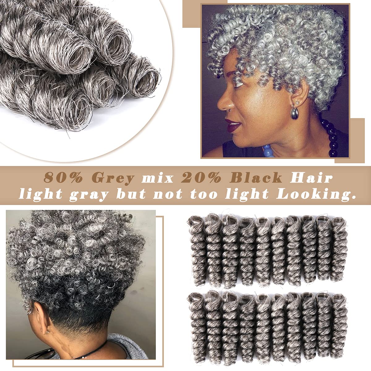 PHOCAS 5Packs 10'' Curl Short Crochet Hair Curly Crochet Braids for Women Grey Mix Black