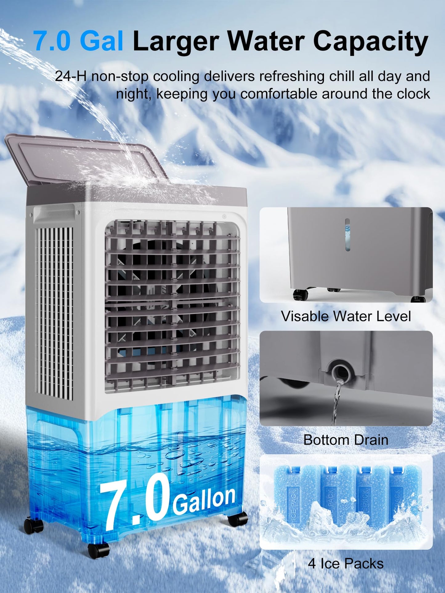 Uthfy Swamp Cooler, 2800 Cfm Evaporative Air Cooler With 7 Gal Water Tank, Remote Control, 12 H Timer, 120 Oscillation, 3 Speed,