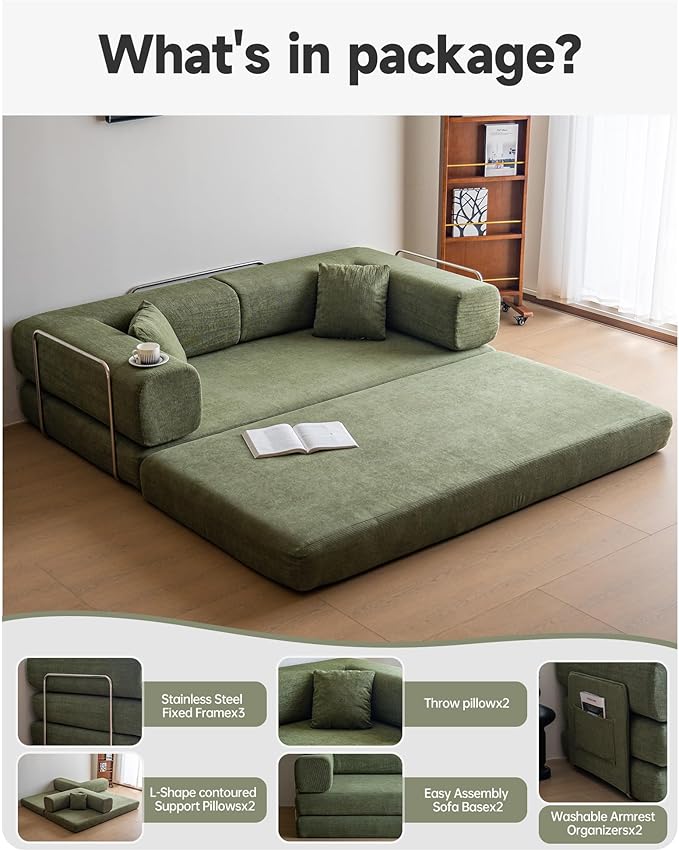 No Assembly Convertible Sofa Bed & 79" Boneless Couch with Pocket , 5-in-1 Futon Sofa Bed with 2 Pillows Modular Pull Out Couch Bed with Frame,Compression in Box for Living Room Small Spaces Green