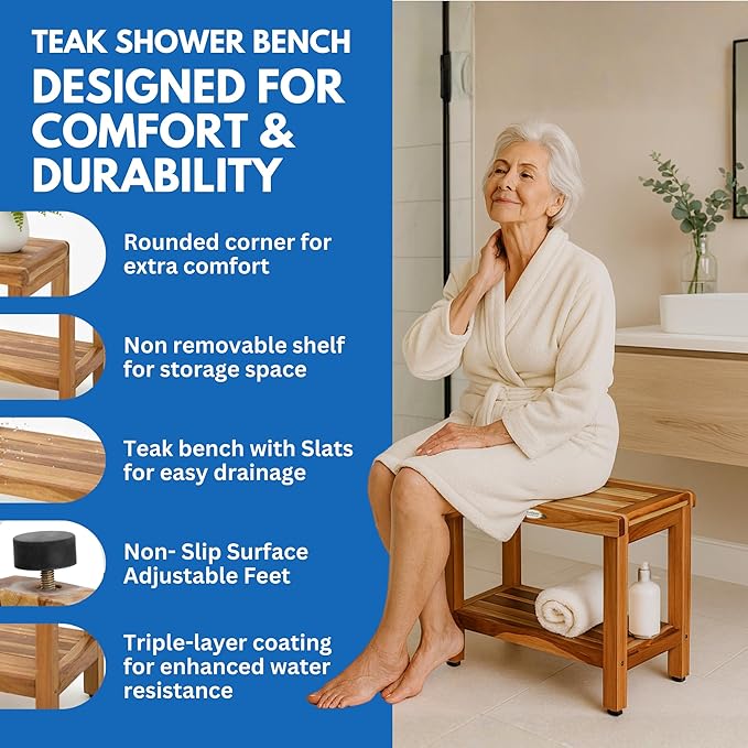 EcoDecors Eleganto 24 Inch Natural Color Waterproof Teak Wood Shower Bench Stool Seat Chair For Inside Shower Provides Safety, Storage, and Organization For Bathroom Accessories