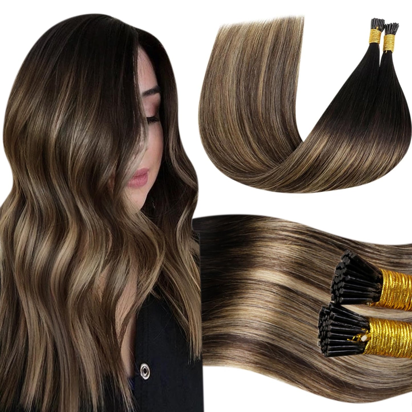 LaaVoo I Tip Hair Extensions Human Hair Balayage Itip Human Hair Extensions 80s Natural Black Balayage Medium Brown Ombre Carame