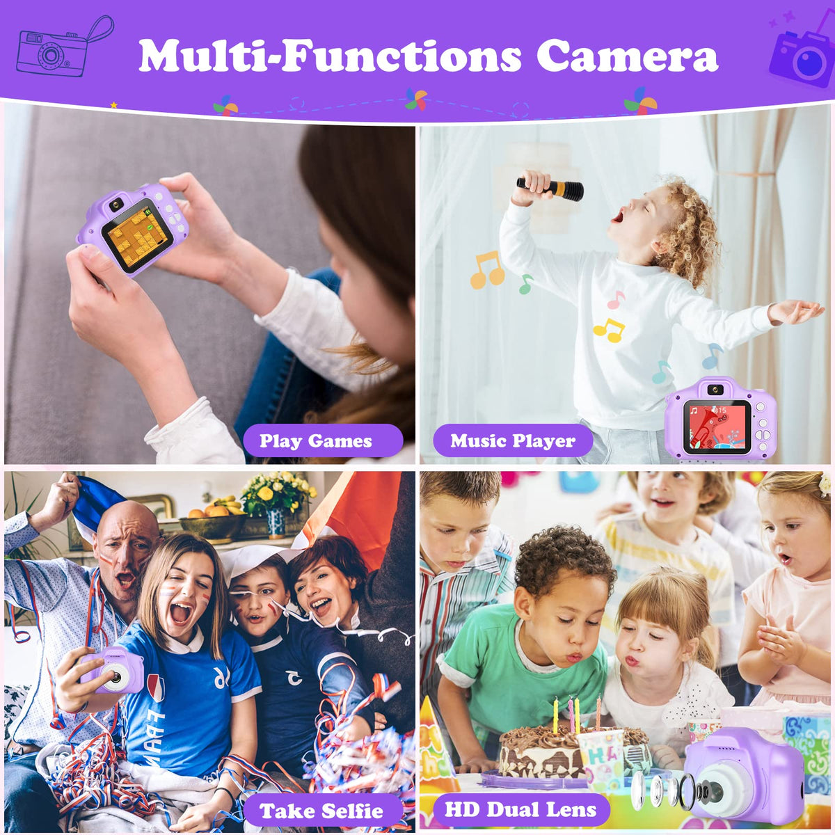 Zeacool Kids Camera, HD Digital Video Camera, Childrens Toys for 3 4 5 6 7 8 9 Year Old Boys/Girls, Selfie Camera for Kids, Christmas Birthday Gifts with 32GB SD Card (Purple)
