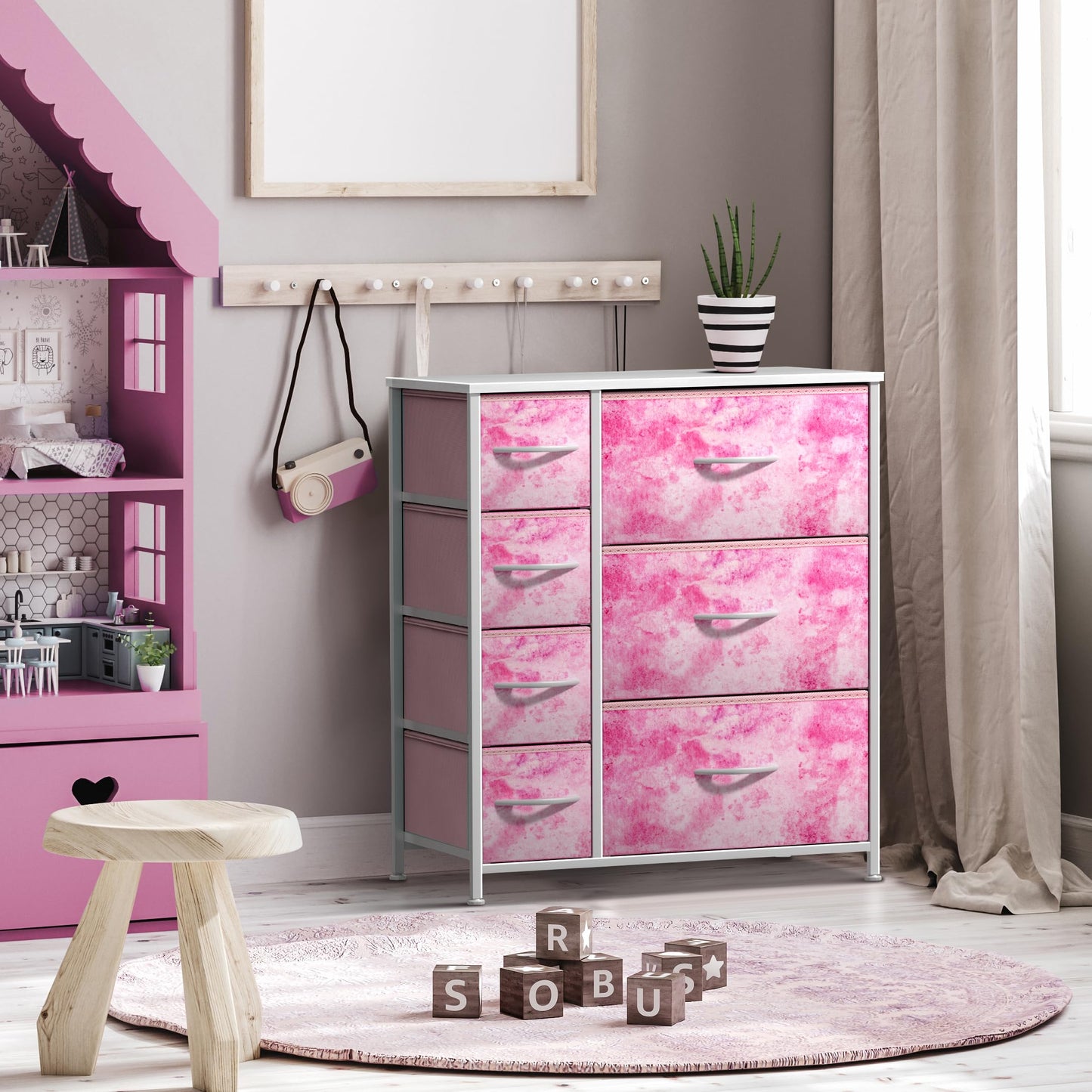 Sorbus Kids Dresser with 7 Drawers - Storage Chest Organizer Unit with Steel Frame, Wood Top & Handles, Tie-dye Fabric Bins for Clothes - Wide Furniture for Bedroom Hallway Kids Room Nursery & Closet
